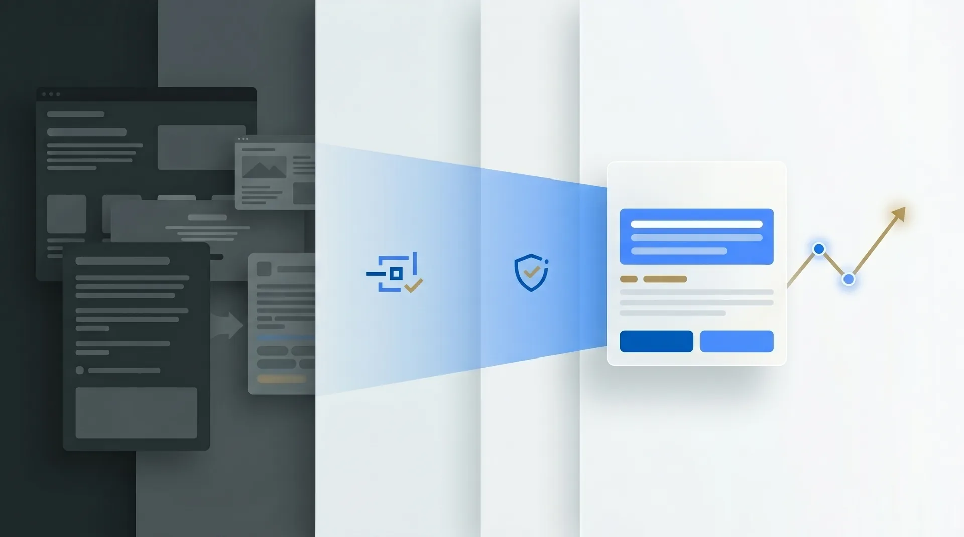 Dense, hard-to-read page blocks on the left fan into clearer, structured components on the right, with a rising trust arrow showing how extractable content turns into quotable answers.